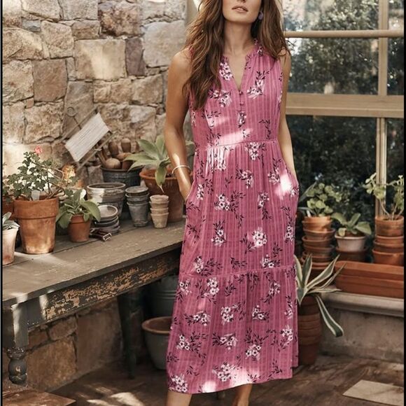 J. Jill Spring Garden Tiered Floral Pink Sleeveless Maxi Dress Size Medium - Picture 1 of 13